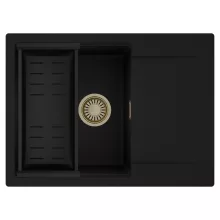 HD Onyx Black 68-XL egymedencés mosogatótálca szett, matt fekete csepegtetőkosárral, csepegtetőtálcával, matt fekete színben, szálcsiszolt arany leeresztő szifonnal