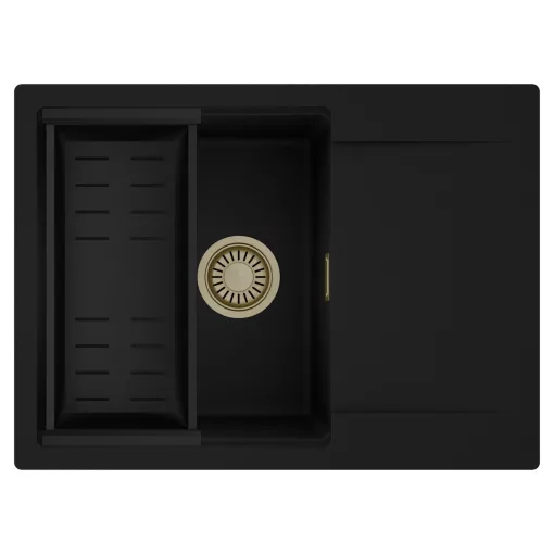 HD Onyx Black 68-XL egymedencés mosogatótálca szett, matt fekete csepegtetőkosárral, csepegtetőtálcával, matt fekete színben, szálcsiszolt arany leeresztő szifonnal