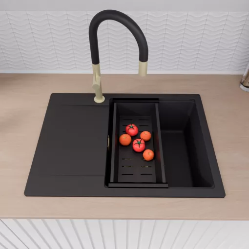 HD Onyx Black 68-XL egymedencés mosogatótálca szett, matt fekete csepegtetőkosárral, csepegtetőtálcával, matt fekete színben, szálcsiszolt arany leeresztő szifonnal