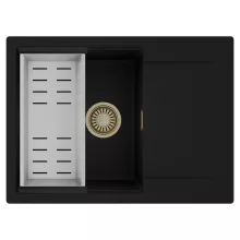 HD Onyx Black 68-XL egymedencés mosogatótálca szett, acél csepegtetőkosárral, csepegtetőtálcával, matt fekete színben, szálcsiszolt arany leeresztő szifonnal