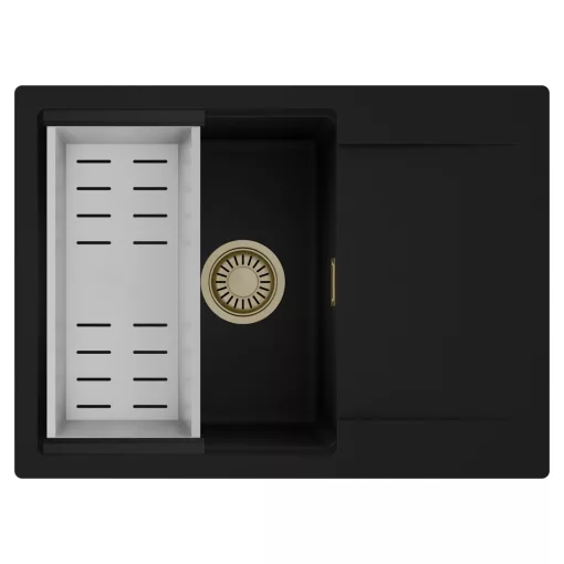 HD Onyx Black 68-XL egymedencés mosogatótálca szett, acél csepegtetőkosárral, csepegtetőtálcával, matt fekete színben, szálcsiszolt arany leeresztő szifonnal