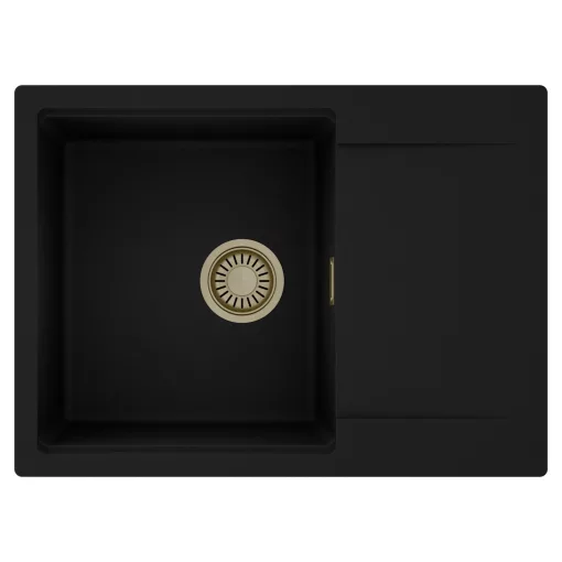 HD Onyx Black 68-XL egymedencés mosogatótálca, csepegtetőtálcával, matt fekete színben, szálcsiszolt arany leeresztő szifonnal