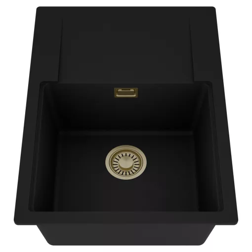 HD Onyx Black 68-XL egymedencés mosogatótálca, csepegtetőtálcával, matt fekete színben, szálcsiszolt arany leeresztő szifonnal