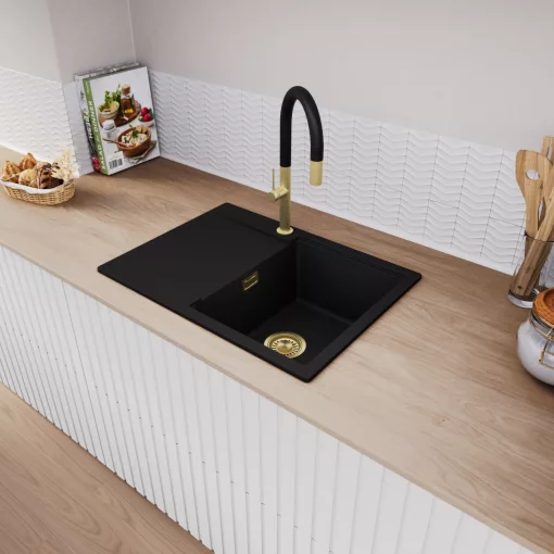 HD Onyx Black 68-XL egymedencés mosogatótálca, csepegtetőtálcával, matt fekete színben, szálcsiszolt arany leeresztő szifonnal
