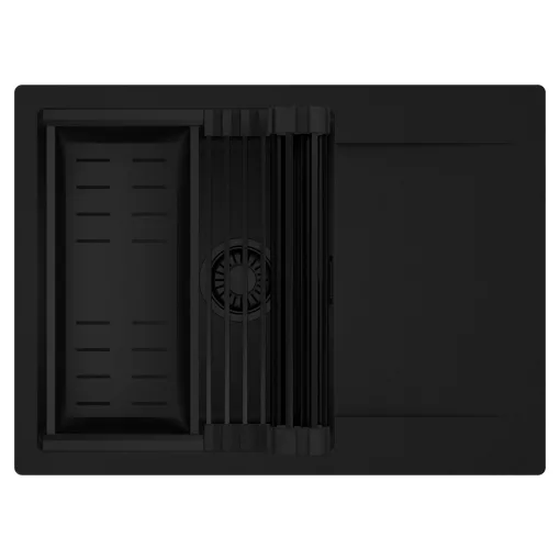 HD Onyx Black 68-XL egymedencés mosogatótálca szett, matt fekete csepegtetőráccsal és kosárral, csepegtetőtálcával, matt fekete színben, matt fekete leeresztő szifonnal