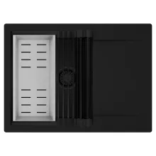 HD Onyx Black 68-XL egymedencés mosogatótálca szett, matt fekete csepegtetőráccsal és krómozott kosárral, csepegtetőtálcával, matt fekete színben, matt fekete leeresztő szifonnal