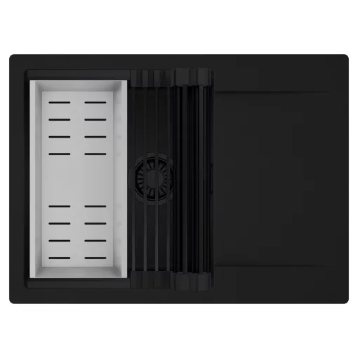 HD Onyx Black 68-XL egymedencés mosogatótálca szett, matt fekete csepegtetőráccsal és krómozott kosárral, csepegtetőtálcával, matt fekete színben, matt fekete leeresztő szifonnal