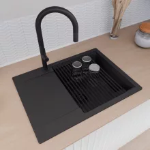 HD Onyx Black 68-XL egymedencés mosogatótálca szett, matt fekete csepegtetőráccsal és krómozott kosárral, csepegtetőtálcával, matt fekete színben, matt fekete leeresztő szifonnal