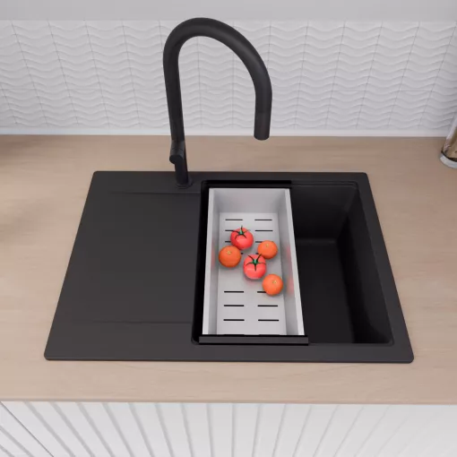 HD Onyx Black 68-XL egymedencés mosogatótálca szett, matt fekete csepegtetőráccsal és krómozott kosárral, csepegtetőtálcával, matt fekete színben, matt fekete leeresztő szifonnal