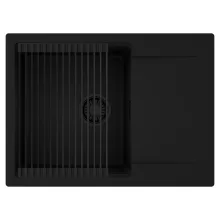 HD Onyx Black 68-XL egymedencés mosogatótálca szett, matt fekete csepegtetőráccsal, csepegtetőtálcával, matt fekete színben, matt fekete leeresztő szifonnal