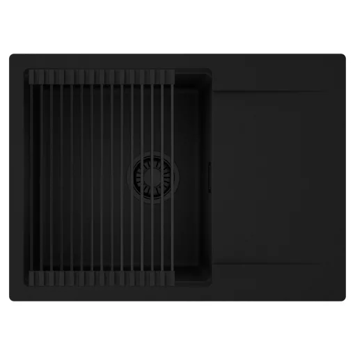 HD Onyx Black 68-XL egymedencés mosogatótálca szett, matt fekete csepegtetőráccsal, csepegtetőtálcával, matt fekete színben, matt fekete leeresztő szifonnal