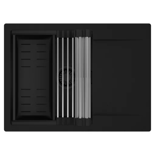 HD Onyx Black 68-XL egymedencés mosogatótálca szett, acél csepegtetőráccsal és matt fekete kosárral, csepegtetőtálcával, matt fekete színben, matt fekete leeresztő szifonnal