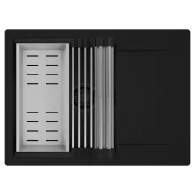 HD Onyx Black 68-XL egymedencés mosogatótálca szett, acél csepegtetőráccsal és kosárral, csepegtetőtálcával, matt fekete színben, matt fekete leeresztő szifonnal