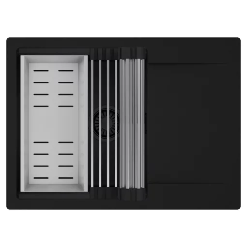 HD Onyx Black 68-XL egymedencés mosogatótálca szett, acél csepegtetőráccsal és kosárral, csepegtetőtálcával, matt fekete színben, matt fekete leeresztő szifonnal