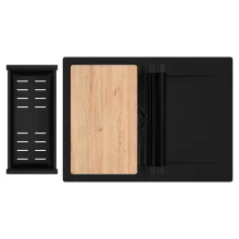 HD Onyx Black 68-XL egymedencés gránit mosogatótálca szett, csepegtetőtálcával, vágódeszkával, matt fekete csepegtetőráccsal és kosárral, matt fekete színben, matt fekete leeresztő szifonnal