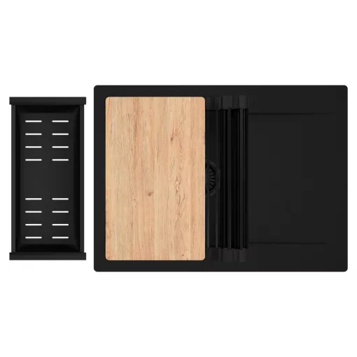 HD Onyx Black 68-XL egymedencés gránit mosogatótálca szett, csepegtetőtálcával, vágódeszkával, matt fekete csepegtetőráccsal és kosárral, matt fekete színben, matt fekete leeresztő szifonnal