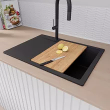 HD Onyx Black 68-XL egymedencés gránit mosogatótálca szett, csepegtetőtálcával, vágódeszkával, matt fekete csepegtetőráccsal és kosárral, matt fekete színben, matt fekete leeresztő szifonnal