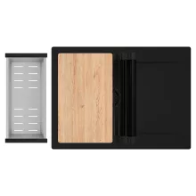 HD Onyx Black 68-XL egymedencés gránit mosogatótálca szett, csepegtetőtálcával, vágódeszkával, matt fekete csepegtetőráccsal és krómozott kosárral, matt fekete színben, matt fekete leeresztő szifonnal