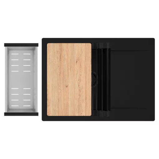 HD Onyx Black 68-XL egymedencés gránit mosogatótálca szett, csepegtetőtálcával, vágódeszkával, matt fekete csepegtetőráccsal és krómozott kosárral, matt fekete színben, matt fekete leeresztő szifonnal