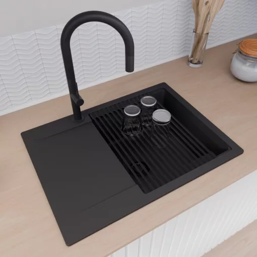 HD Onyx Black 68-XL egymedencés gránit mosogatótálca szett, csepegtetőtálcával, vágódeszkával, matt fekete csepegtetőráccsal és krómozott kosárral, matt fekete színben, matt fekete leeresztő szifonnal