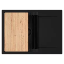 HD Onyx Black 68-XL egymedencés gránit mosogatótálca szett, csepegtetőtálcával, vágódeszkával, matt fekete csepegtetőráccsal, matt fekete színben, matt fekete leeresztő szifonnal