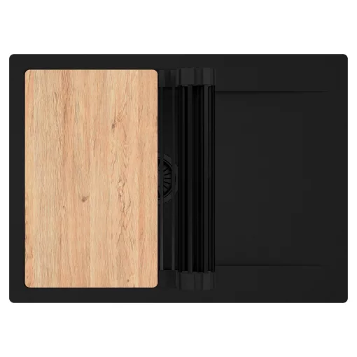 HD Onyx Black 68-XL egymedencés gránit mosogatótálca szett, csepegtetőtálcával, vágódeszkával, matt fekete csepegtetőráccsal, matt fekete színben, matt fekete leeresztő szifonnal