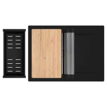 HD Onyx Black 68-XL egymedencés gránit mosogatótálca szett, csepegtetőtálcával, vágódeszkával, acél csepegtetőráccsal és matt fekete kosárral, matt fekete színben, matt fekete leeresztő szifonnal