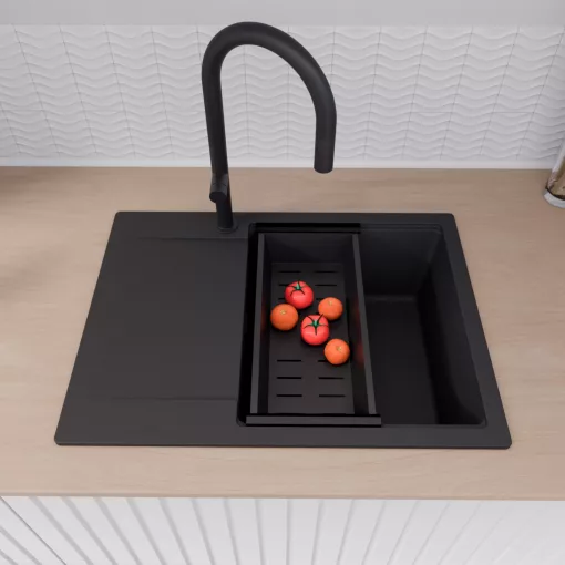 HD Onyx Black 68-XL egymedencés gránit mosogatótálca szett, csepegtetőtálcával, vágódeszkával, acél csepegtetőráccsal és matt fekete kosárral, matt fekete színben, matt fekete leeresztő szifonnal