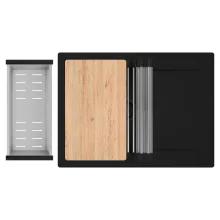 HD Onyx Black 68-XL egymedencés gránit mosogatótálca szett, csepegtetőtálcával, vágódeszkával, acél csepegtetőráccsal és kosárral, matt fekete színben, matt fekete leeresztő szifonnal