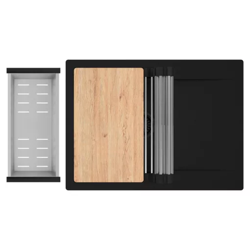 HD Onyx Black 68-XL egymedencés gránit mosogatótálca szett, csepegtetőtálcával, vágódeszkával, acél csepegtetőráccsal és kosárral, matt fekete színben, matt fekete leeresztő szifonnal