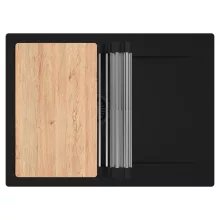 HD Onyx Black 68-XL egymedencés gránit mosogatótálca szett, csepegtetőtálcával, vágódeszkával, acél csepegtetőráccsal, matt fekete színben, matt fekete leeresztő szifonnal