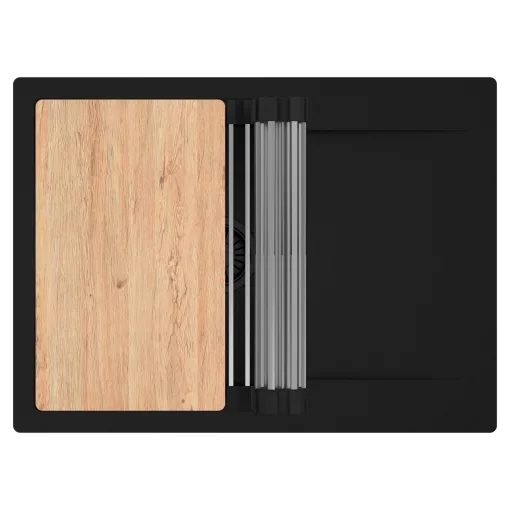 HD Onyx Black 68-XL egymedencés gránit mosogatótálca szett, csepegtetőtálcával, vágódeszkával, acél csepegtetőráccsal, matt fekete színben, matt fekete leeresztő szifonnal