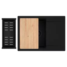 HD Onyx Black 68-XL egymedencés gránit mosogatótálca szett, csepegtetőtálcával, vágódeszkával, matt fekete csepegtetőkosárral, matt fekete színben, matt fekete leeresztő szifonnal