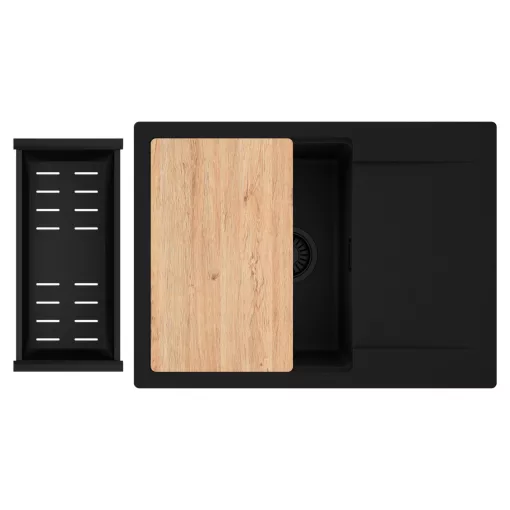 HD Onyx Black 68-XL egymedencés gránit mosogatótálca szett, csepegtetőtálcával, vágódeszkával, matt fekete csepegtetőkosárral, matt fekete színben, matt fekete leeresztő szifonnal
