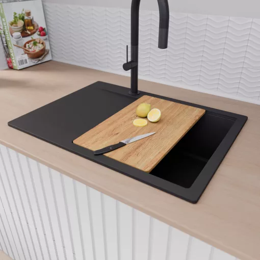 HD Onyx Black 68-XL egymedencés gránit mosogatótálca szett, csepegtetőtálcával, vágódeszkával, matt fekete csepegtetőkosárral, matt fekete színben, matt fekete leeresztő szifonnal