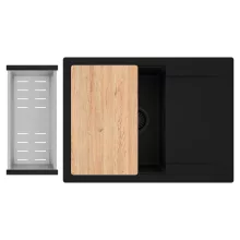 HD Onyx Black 68-XL egymedencés gránit mosogatótálca szett, csepegtetőtálcával, vágódeszkával, acél csepegtetőkosárral, matt fekete színben, matt fekete leeresztő szifonnal