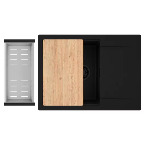 HD Onyx Black 68-XL egymedencés gránit mosogatótálca szett, csepegtetőtálcával, vágódeszkával, acél csepegtetőkosárral, matt fekete színben, matt fekete leeresztő szifonnal