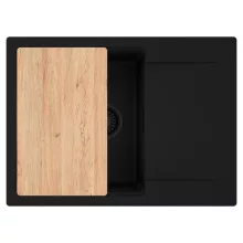 HD Onyx Black 68-XL egymedencés gránit mosogatótálca, vágódeszkával, matt fekete színben, matt fekete leeresztő szifonnal