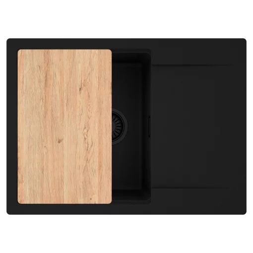 HD Onyx Black 68-XL egymedencés gránit mosogatótálca, vágódeszkával, matt fekete színben, matt fekete leeresztő szifonnal