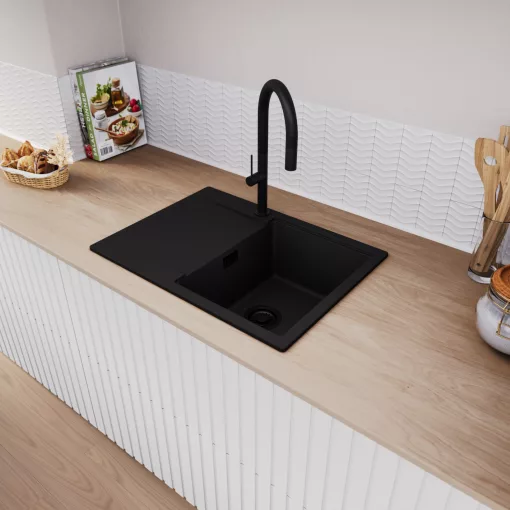 HD Onyx Black 68-XL egymedencés gránit mosogatótálca, vágódeszkával, matt fekete színben, matt fekete leeresztő szifonnal