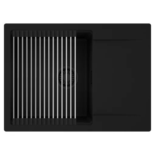 HD Onyx Black 68-XL egymedencés mosogatótálca szett, acél csepegtetőráccsal, csepegtetőtálcával, matt fekete színben, matt fekete leeresztő szifonnal