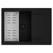 HD Onyx Black 68-XL egymedencés mosogatótálca szett, acél csepegtetőkosárral, csepegtetőtálcával, matt fekete színben, matt fekete leeresztő szifonnal