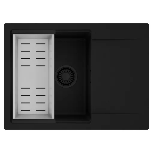 HD Onyx Black 68-XL egymedencés mosogatótálca szett, acél csepegtetőkosárral, csepegtetőtálcával, matt fekete színben, matt fekete leeresztő szifonnal