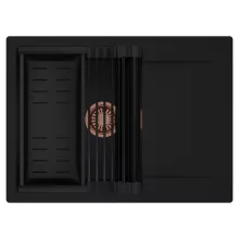 HD Onyx Black 68-XL egymedencés mosogatótálca szett, matt fekete csepegtetőráccsal és kosárral, csepegtetőtálcával, matt fekete színben, szálcsiszolt réz leeresztő szifonnal