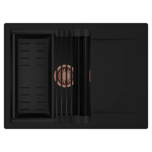 HD Onyx Black 68-XL egymedencés mosogatótálca szett, matt fekete csepegtetőráccsal és kosárral, csepegtetőtálcával, matt fekete színben, szálcsiszolt réz leeresztő szifonnal