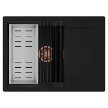 HD Onyx Black 68-XL egymedencés mosogatótálca szett, matt fekete csepegtetőráccsal és krómozott kosárral, csepegtetőtálcával, matt fekete színben, szálcsiszolt réz leeresztő szifonnal