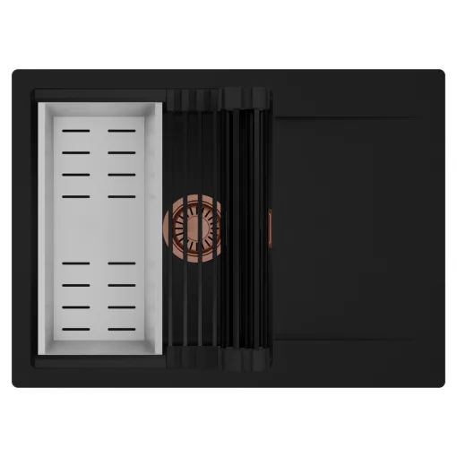 HD Onyx Black 68-XL egymedencés mosogatótálca szett, matt fekete csepegtetőráccsal és krómozott kosárral, csepegtetőtálcával, matt fekete színben, szálcsiszolt réz leeresztő szifonnal