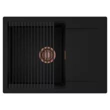 HD Onyx Black 68-XL egymedencés mosogatótálca szett, matt fekete csepegtetőráccsal, csepegtetőtálcával, matt fekete színben, szálcsiszolt réz leeresztő szifonnal