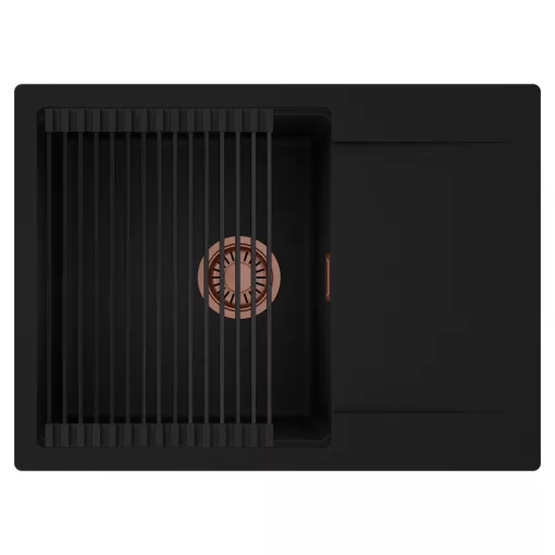 HD Onyx Black 68-XL egymedencés mosogatótálca szett, matt fekete csepegtetőráccsal, csepegtetőtálcával, matt fekete színben, szálcsiszolt réz leeresztő szifonnal