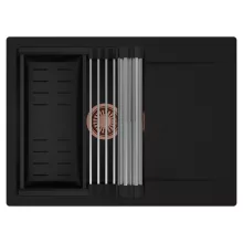 HD Onyx Black 68-XL egymedencés mosogatótálca szett, acél csepegtetőráccsal és matt fekete kosárral, csepegtetőtálcával, matt fekete színben, szálcsiszolt réz leeresztő szifonnal